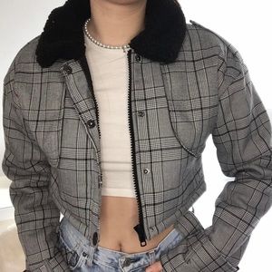 Missguided sherpa lined crop furry checkered checked jacket coat y2k 90s vintage